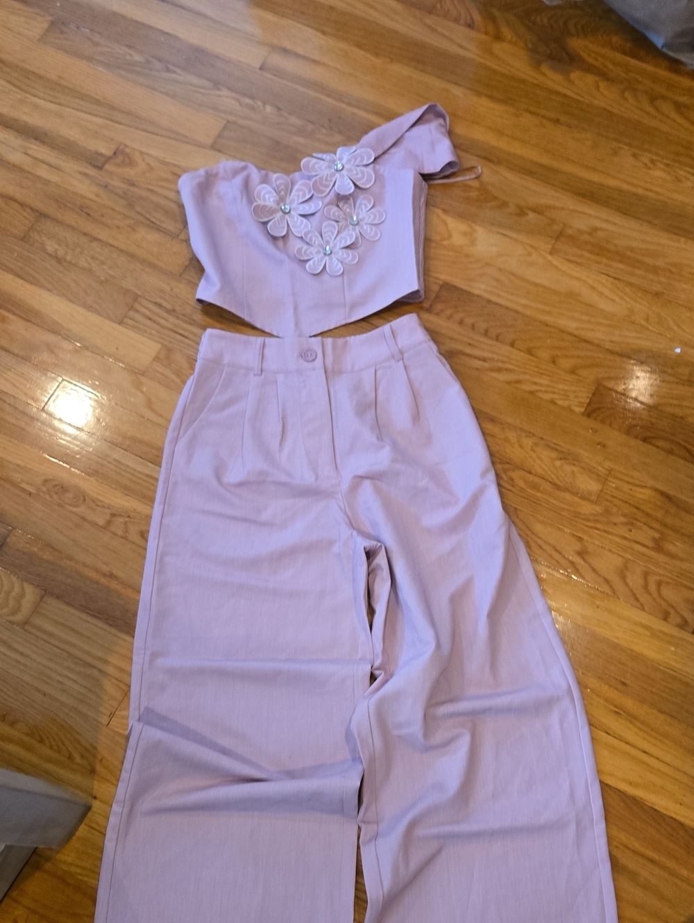 Lilac One-Shoulder Crop Top & Wide-Leg Pants Set Chicme